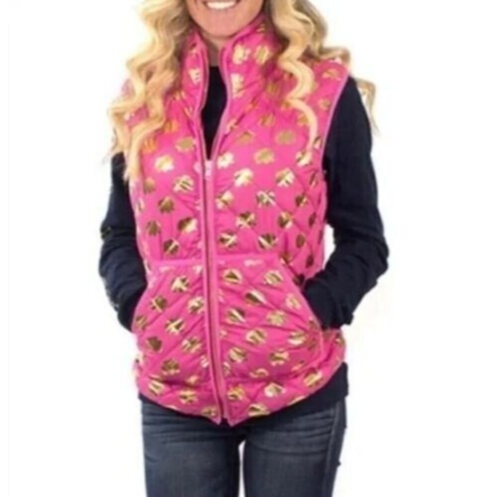 NWT Simply Southern Elephant Quilted Puffer Vest Size SM Pink & Gold Full Zip